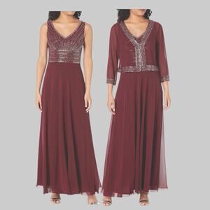 JKara Two Piece Beaded Bolero Jacket Formal Maxi Dress Size 10P Cranberry Wine